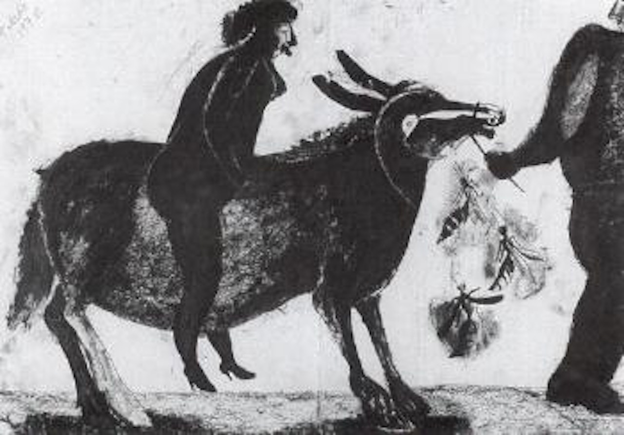 Woman riding burro. Bear in a tree with wasps. Woman in mouth of a fish by Francisco Toledo