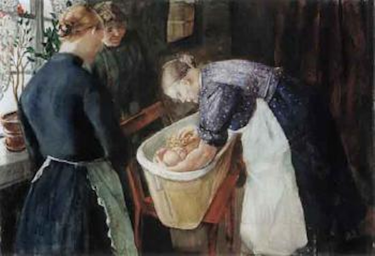 In the bathtub V - interior with three women and baby by Christian Krohg