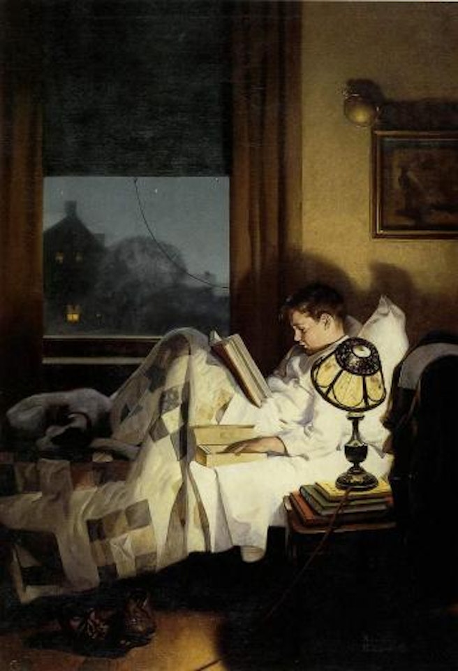 And every lad may be Aladdin - crackers in bed by Norman Rockwell