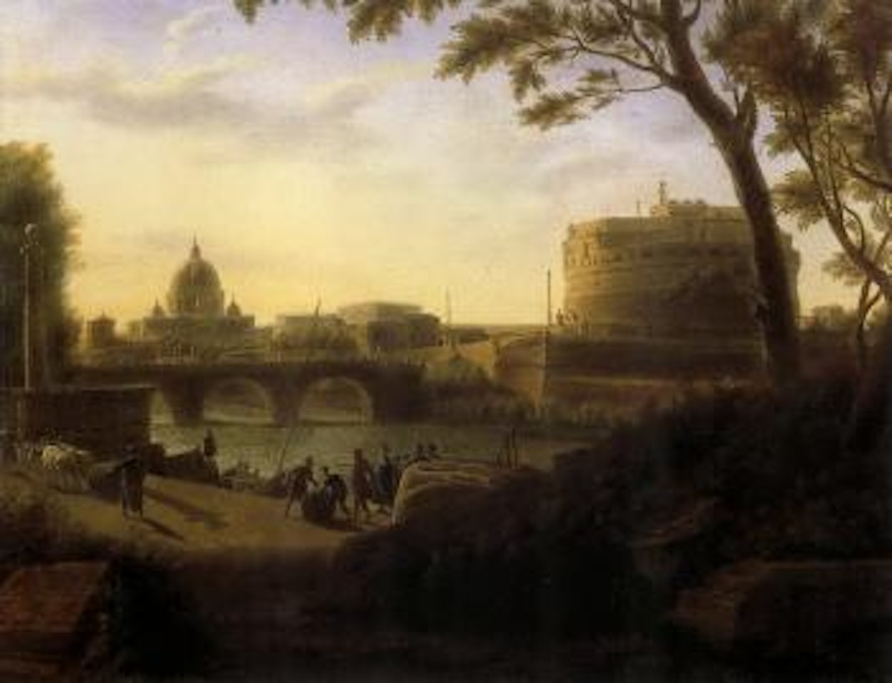 View of Rome with the Castello Sant Angelo and St. Peters Basilica in the distance by French School