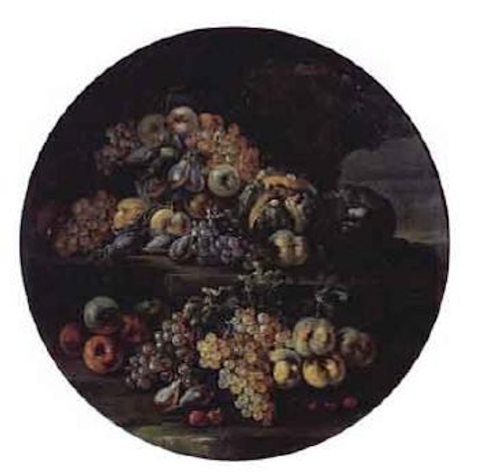 Grapes, lemons, oranges, pears, cherries, peaches and melons on ledges by Abraham Brueghel