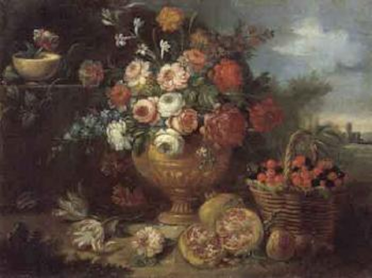 Mixed flowers in a vase with cherries in a basket, and pomegranate by Jean Baptiste Monnoyer
