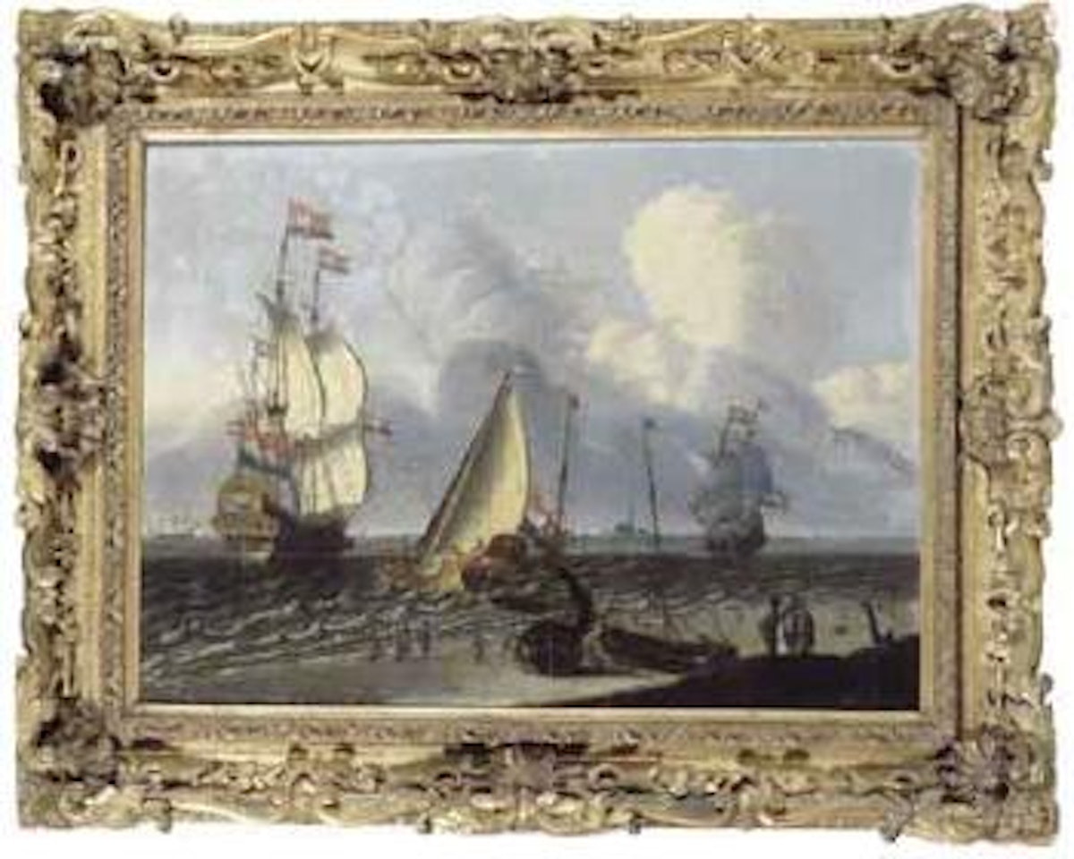 Coastal landscape with Statesyacht setting out, threemasters beyond by Abraham Storck