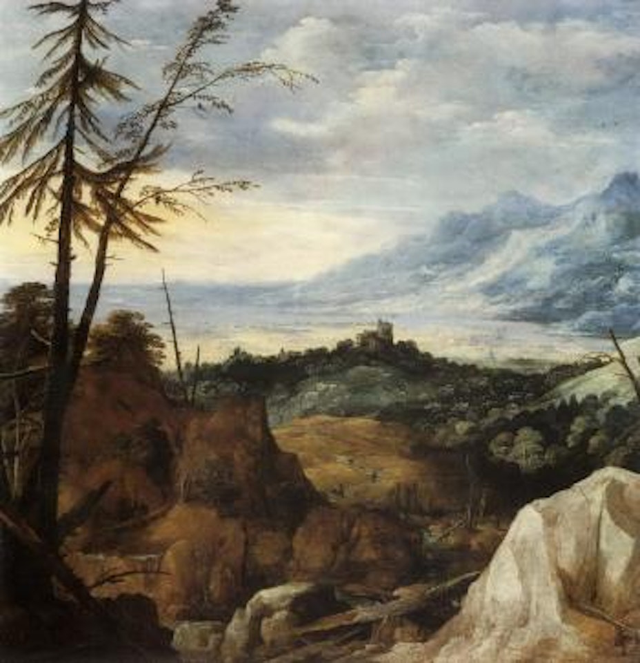 An extensive landscape with pine trees by Joos de Momper the Younger