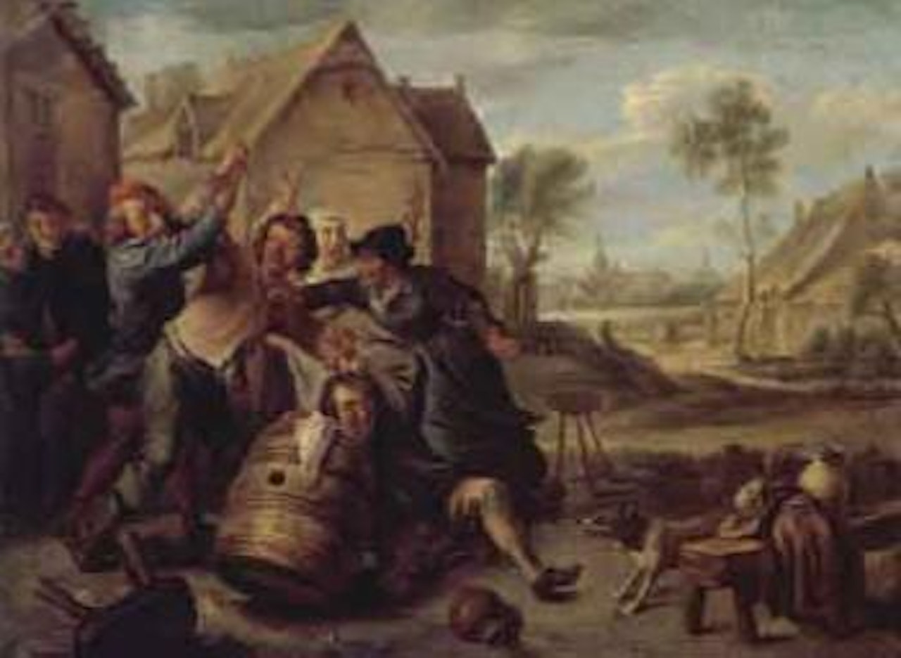 Boors fighting over cards by an inn by David Teniers II