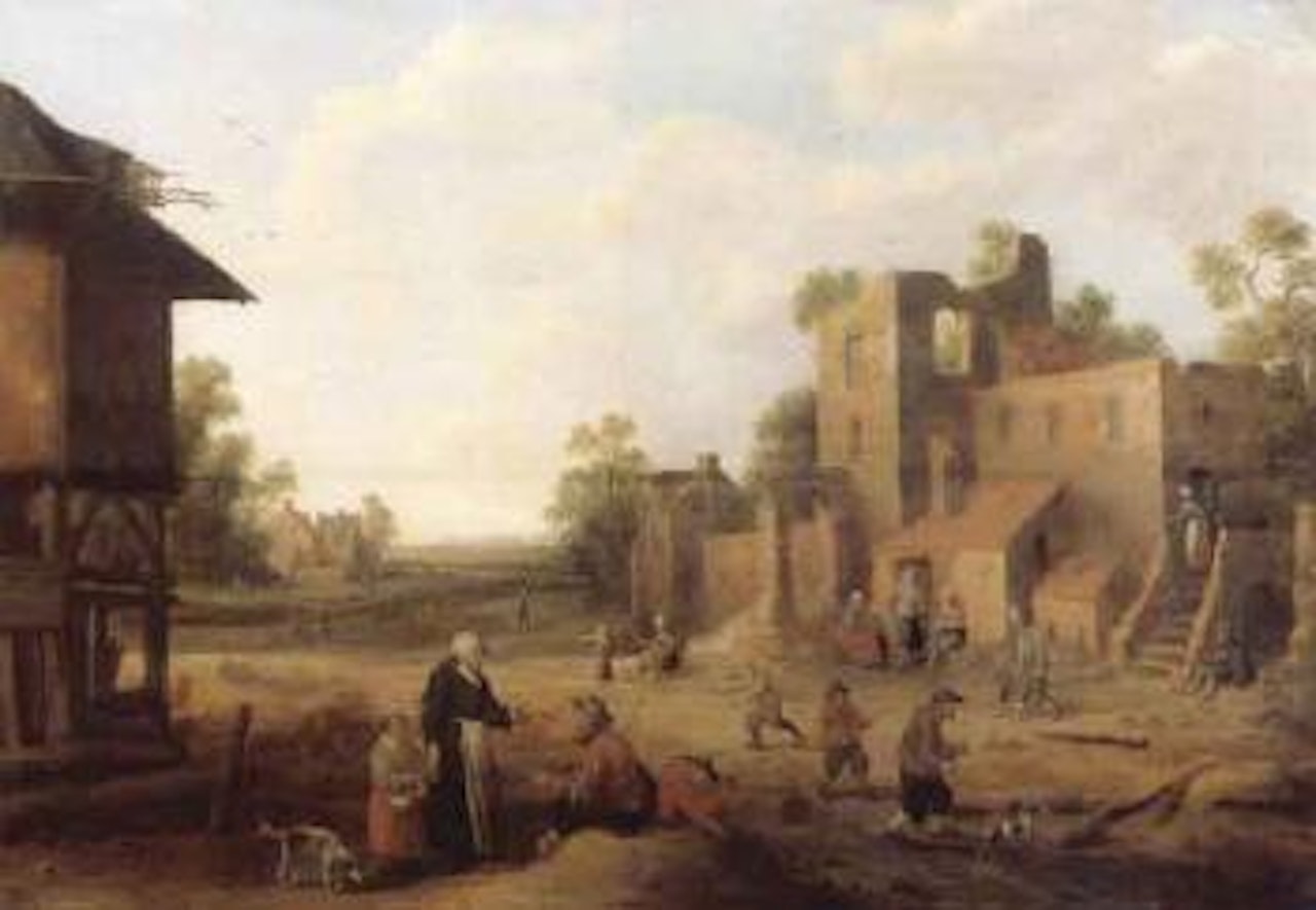 Village street with peasants and travellers by Joost Cornelisz Droochsloot