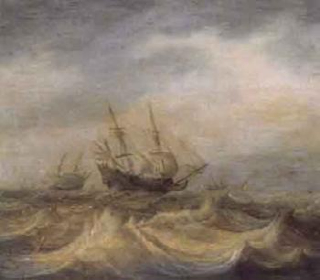 Threemaster and other shipping in choppy waters on a cloudy day by Pieter Mulier II