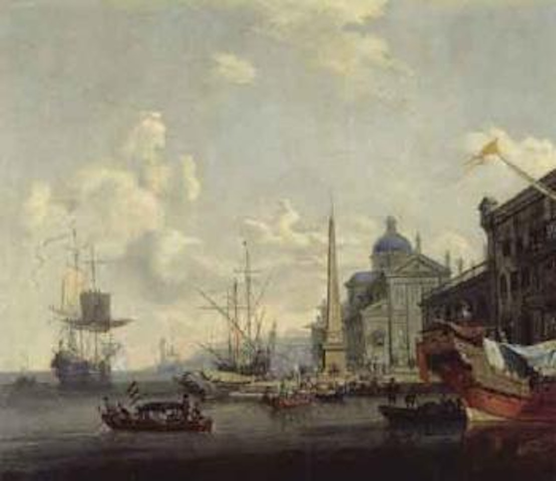 Capricci of Mediterranean harbours with shipping and merchants on quays by Abraham Storck