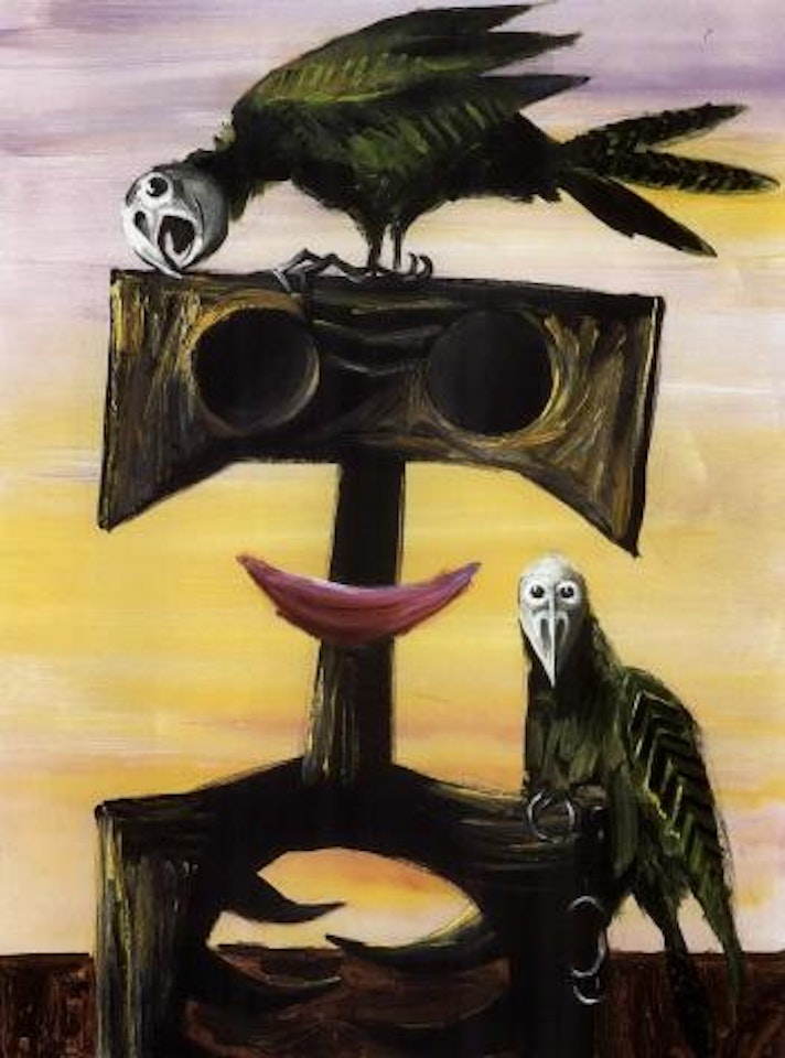 Masked faun and parrots by Albert Tucker