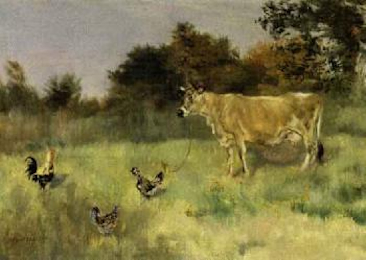 Cow and hens in meadow by Jean Francois Raffaelli