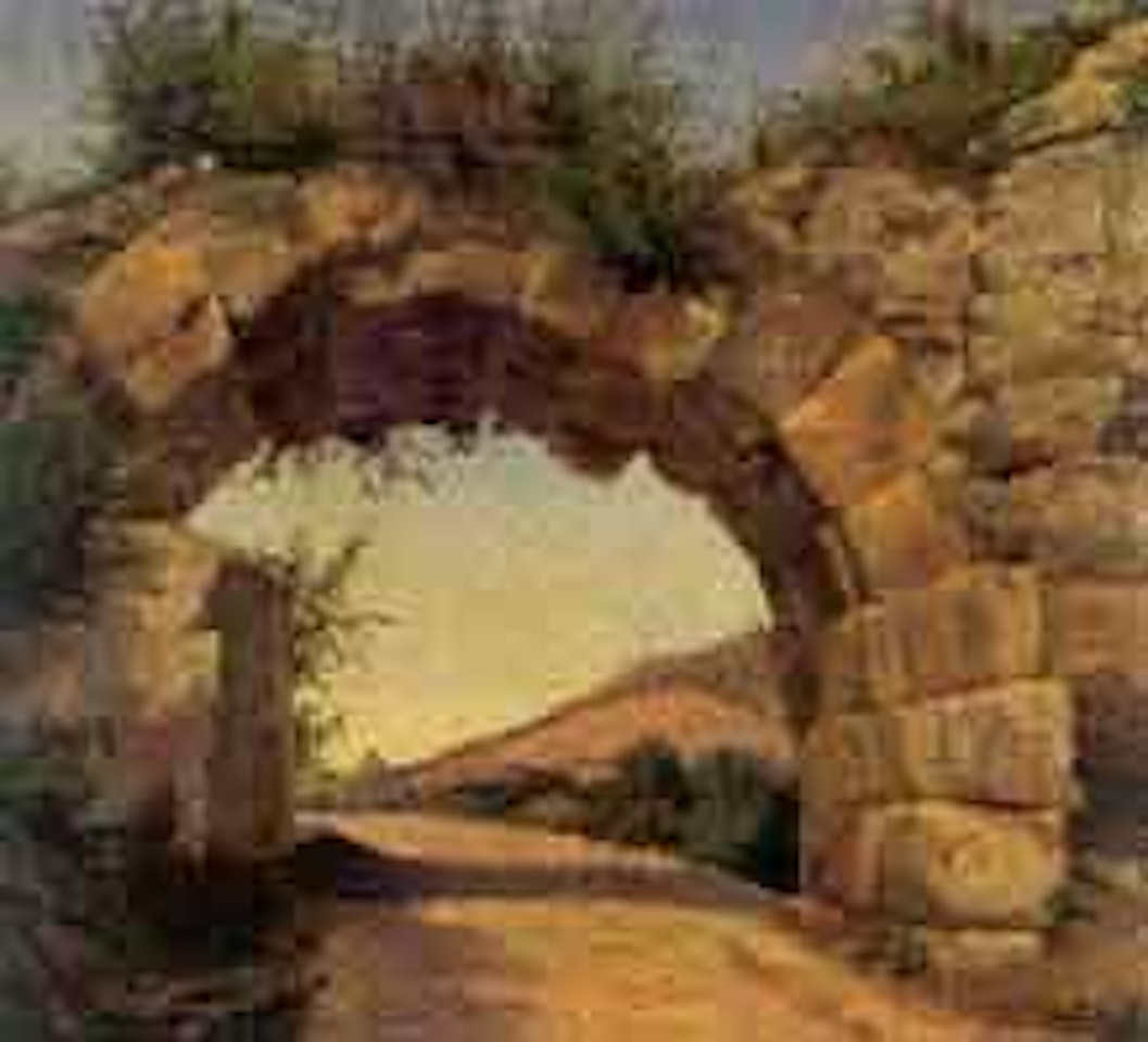 Landscape with view through classical stone arch by French School