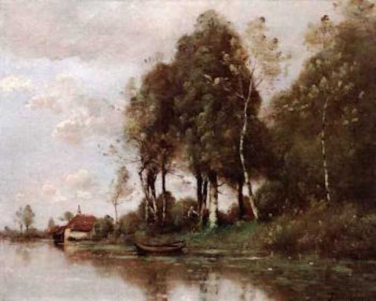 River landscape with boathouse by Paul Désiré Trouillebert
