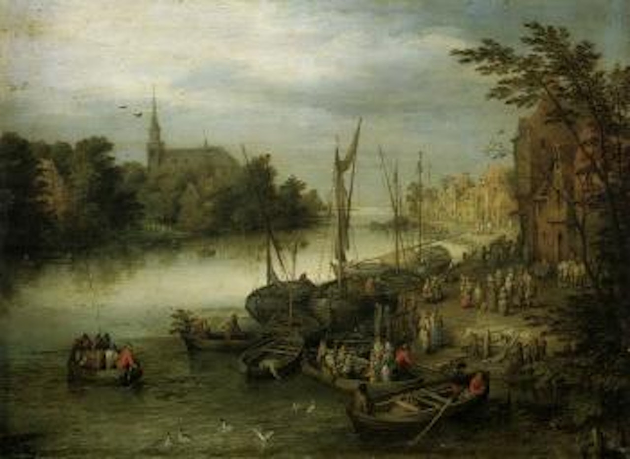 View of a river quayside, church in the distance by Jan Brueghel the Younger