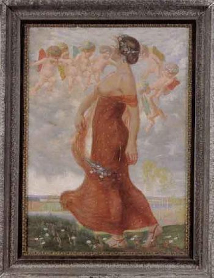 Muse dressed in light clothing with seven floating angels in background by German School
