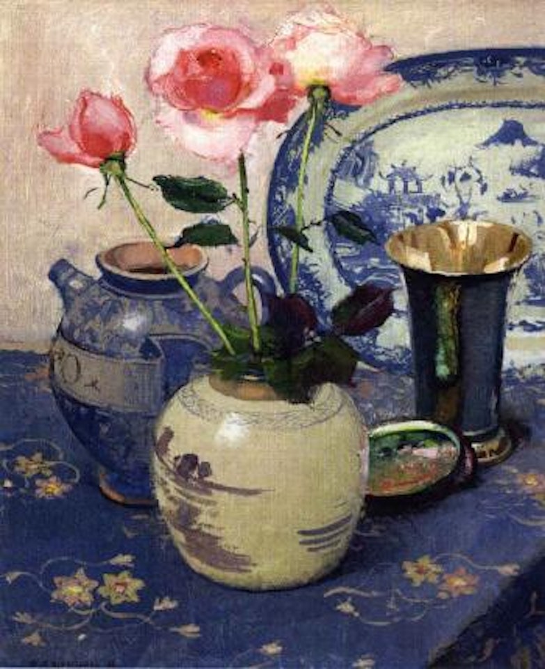Still life of pink roses by Olle Hjortzberg
