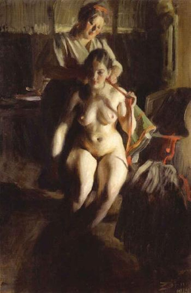Dressed up - interior scene with two women by Anders Zorn