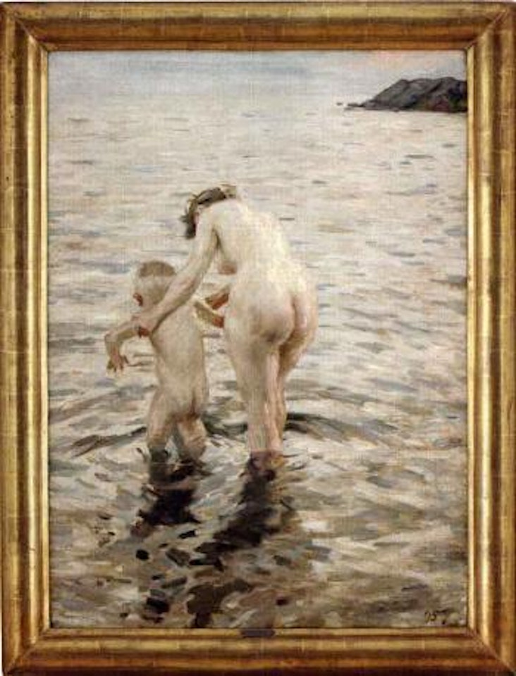 Une premiere - mother and son paddling in sea by Anders Zorn
