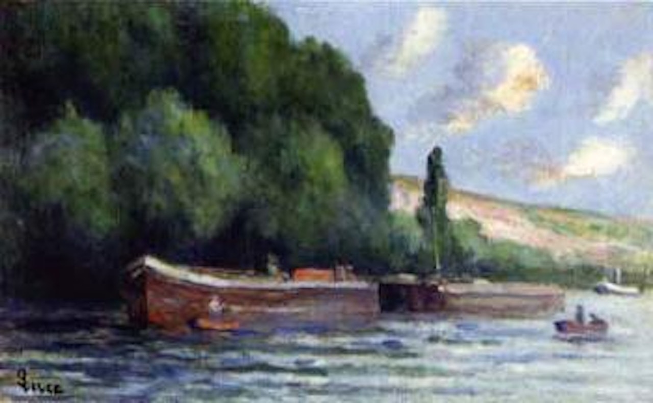 River landscape with boats by Maximilien Luce