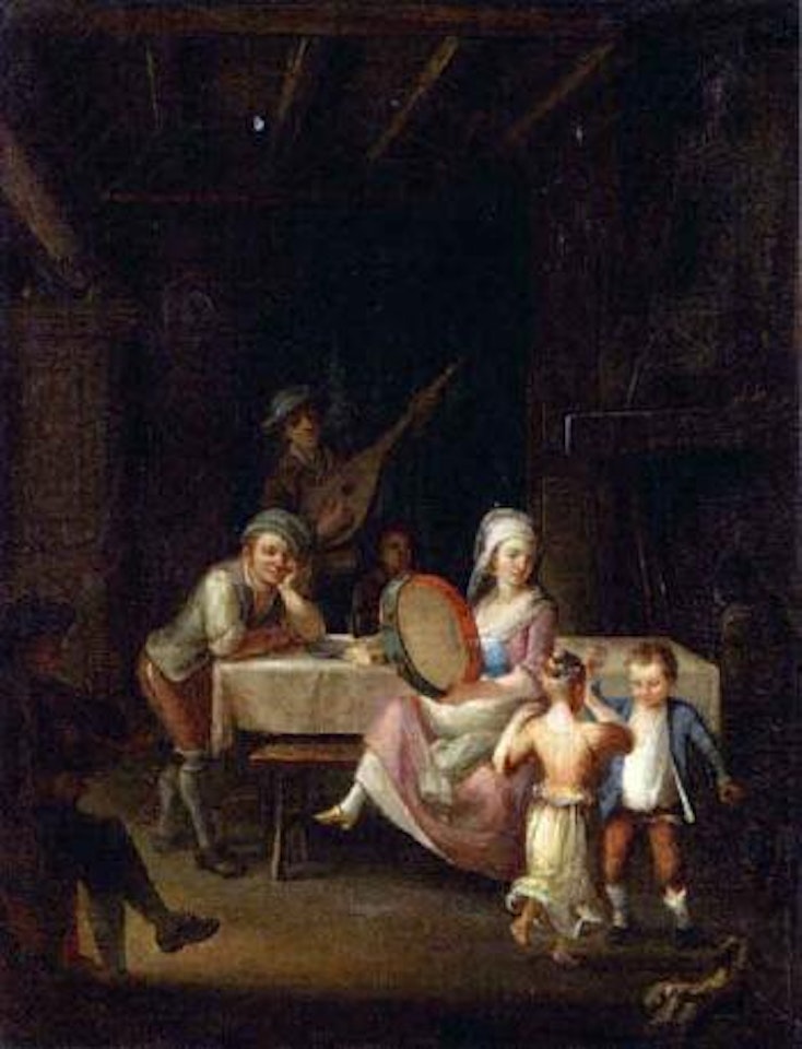Interior scene with with musicians and children dancing by French School