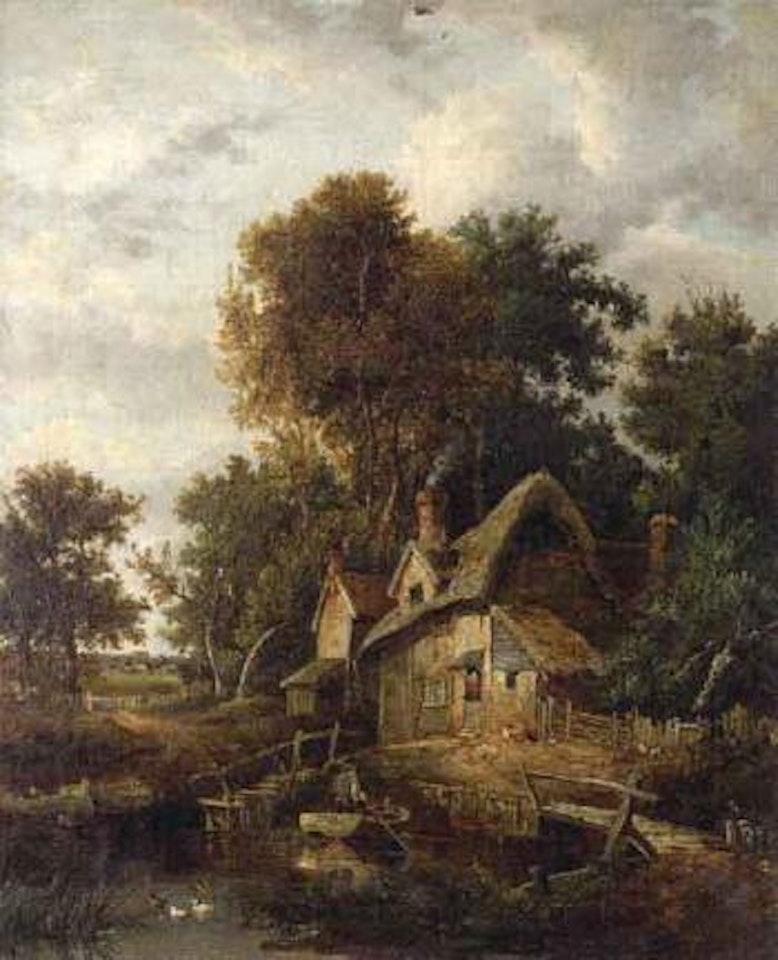 Landscape with farm by pond by English School