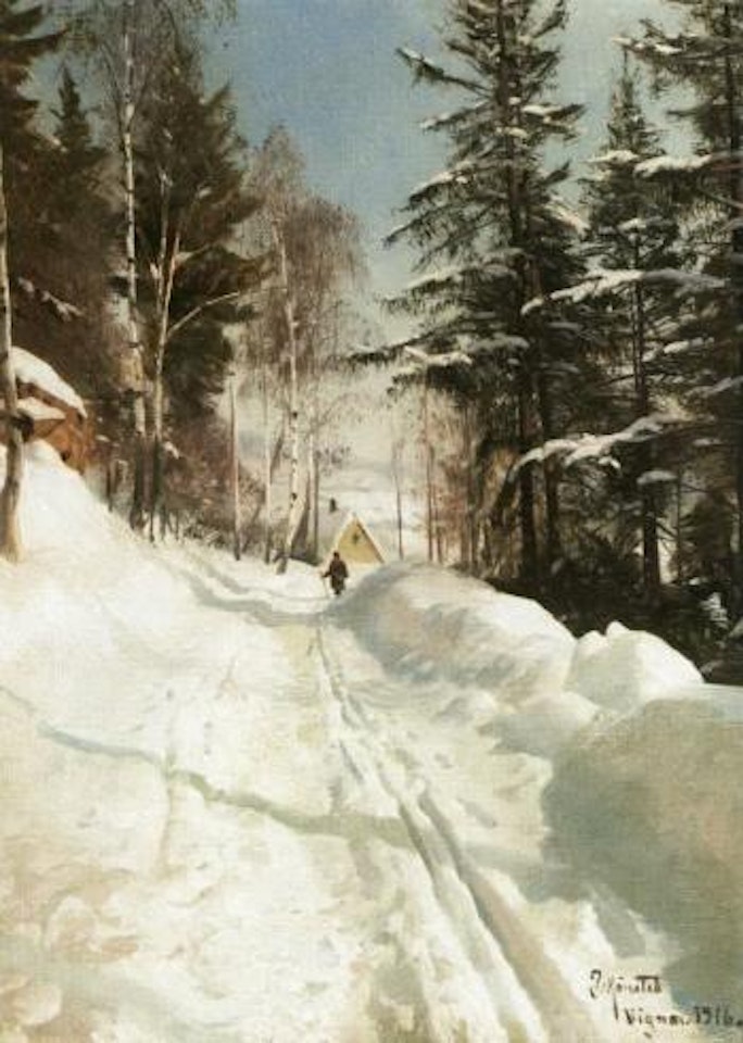 Snowy pathway in the woods by Peder Mork Monsted