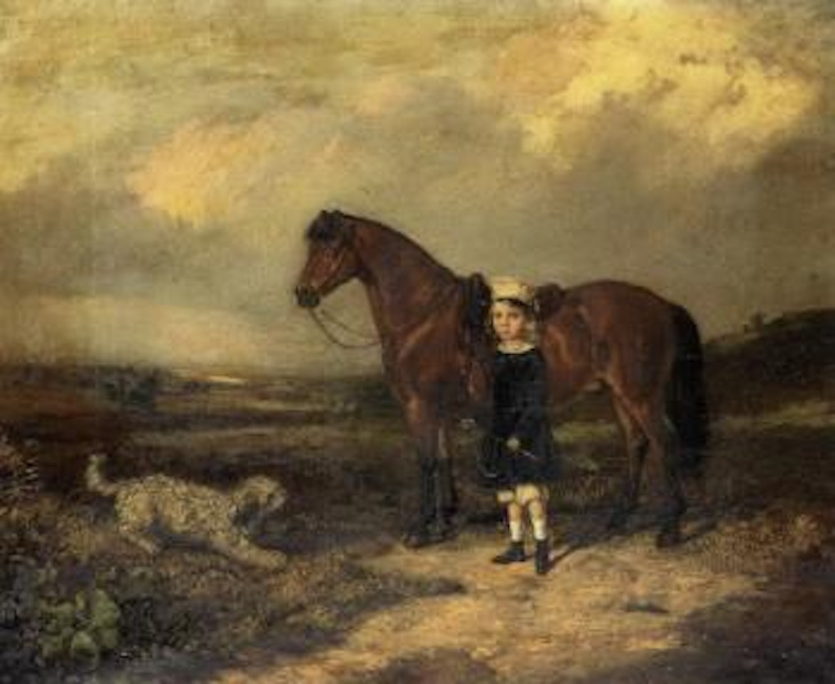 Girl with her favourite pony and dog in a landscape by English School