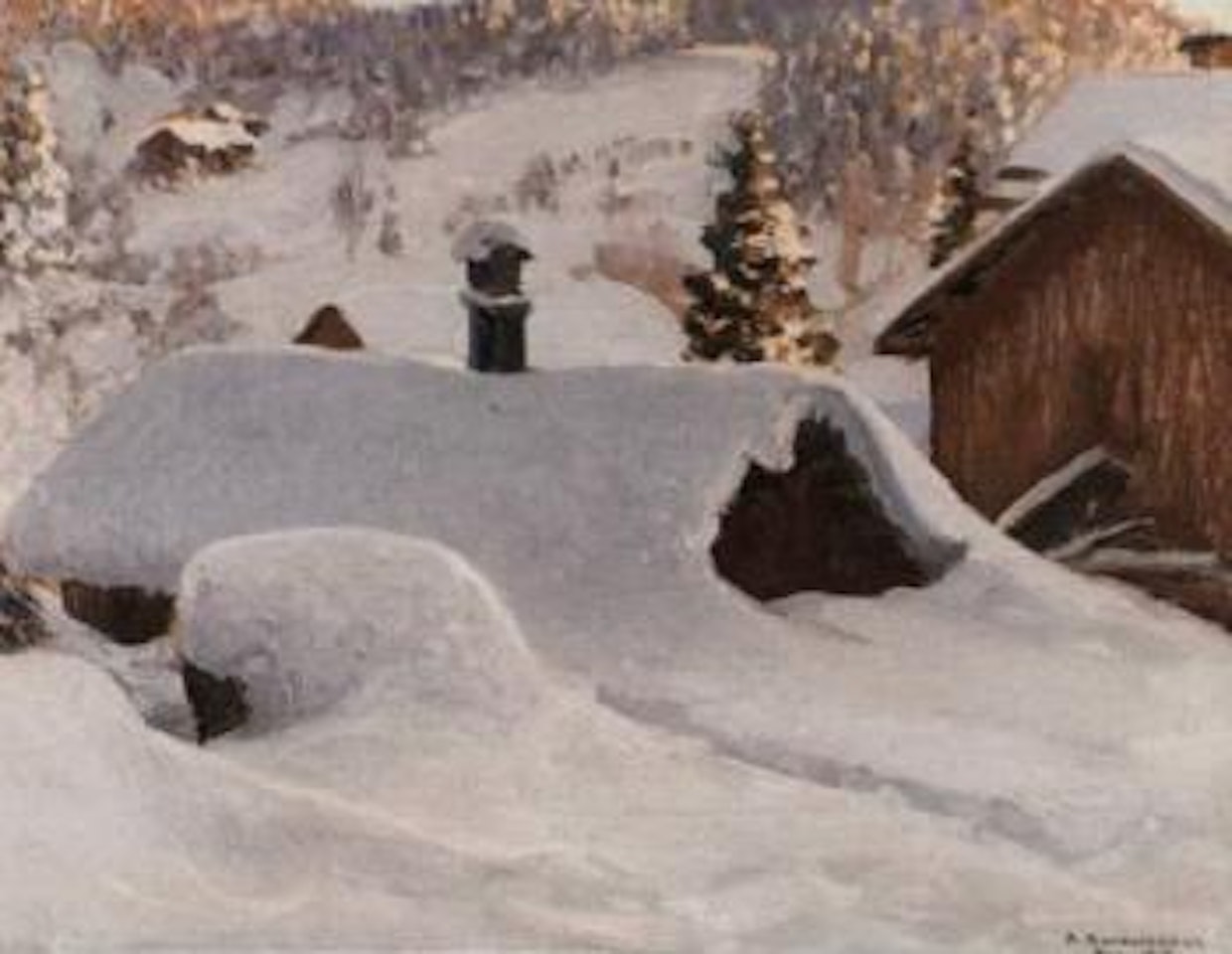 Winter landscape with farm in evening sunshine by Anshelm Schultzberg