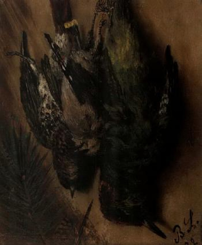 Still life of two birds hanging by Bruno Liljefors