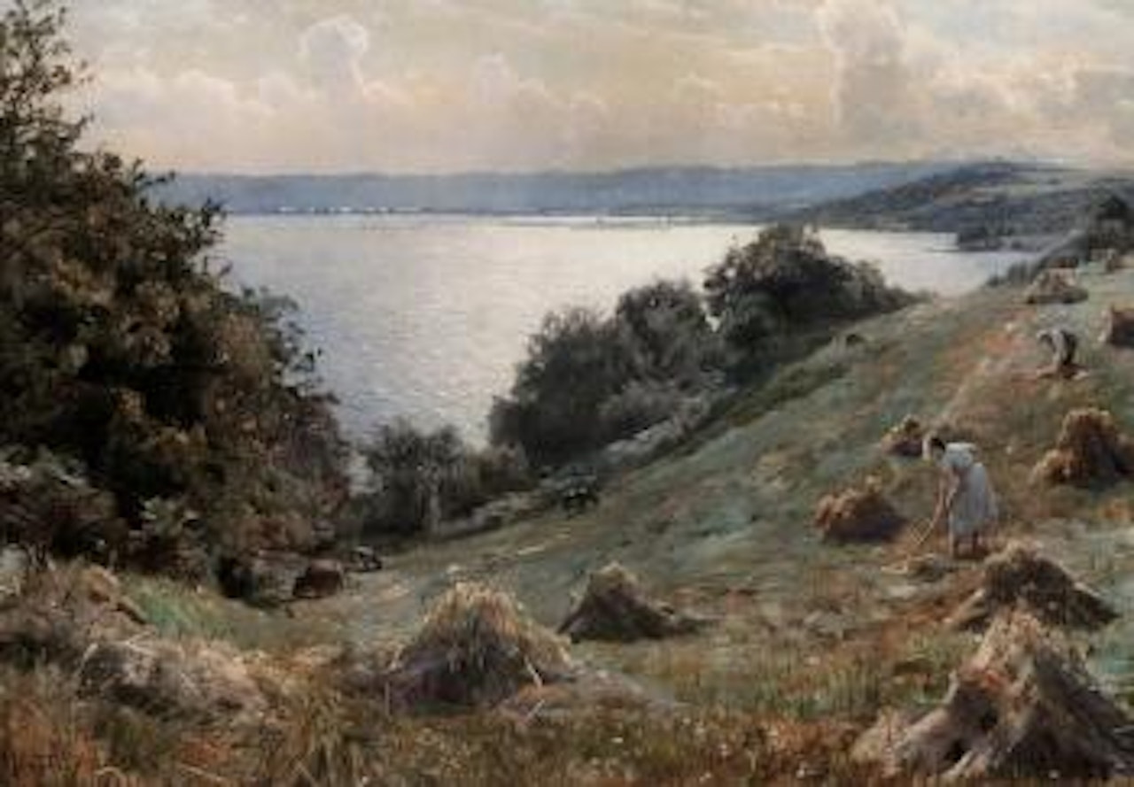 Summer landscape with women raking hay and cattle by the coast by Peder Mork Monsted