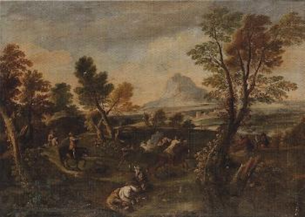 Landscape with figures, battle scene by Flemish School