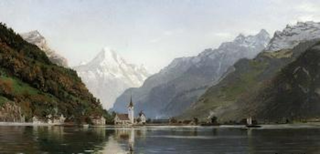 Alpine landscape with buildings by Peder Mork Monsted
