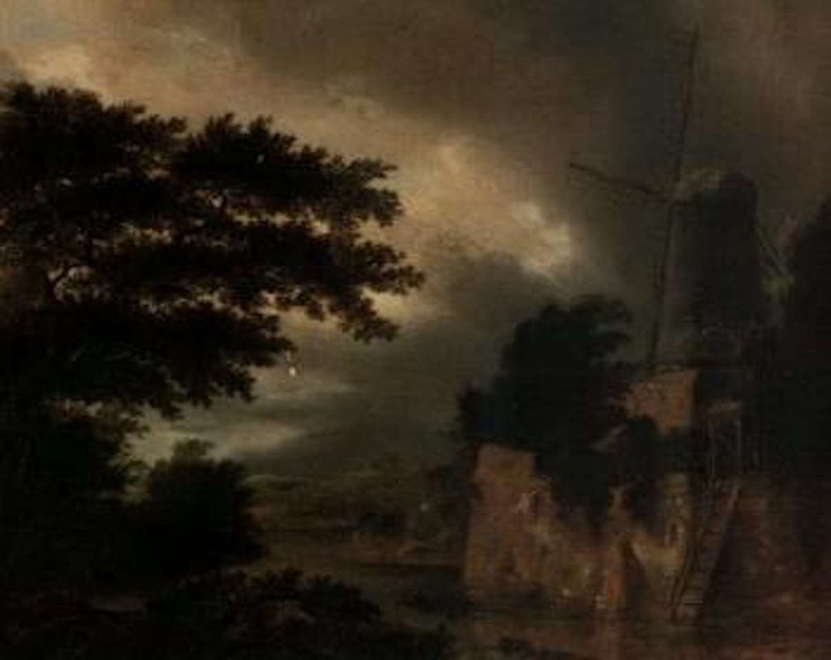 Landscape with windmill, storm approaching by Dutch School