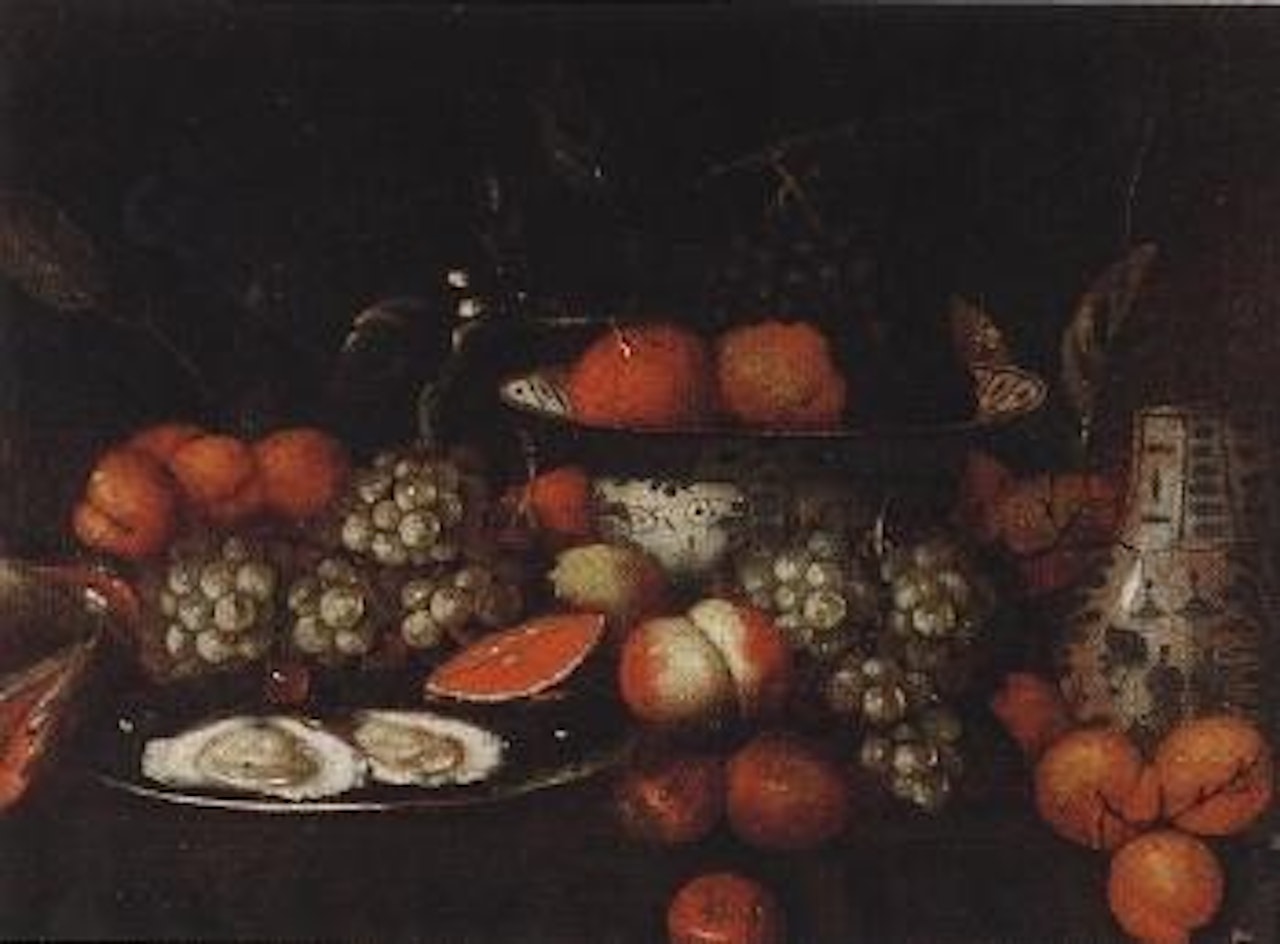 Still life of peaches, grapes and oysters on table by Jan Pauwel Gillemans