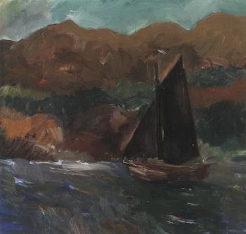 Coastal landscape with sailing boat by Inge Schiöler