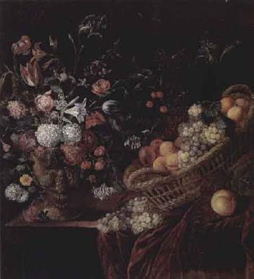 Still life of mixed flowers in gilt urn with basket of peaches, plums by Gasparo Lopez