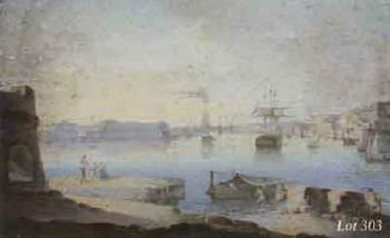 Estuaries with shipping and figures in the foreground by Neapolitan School