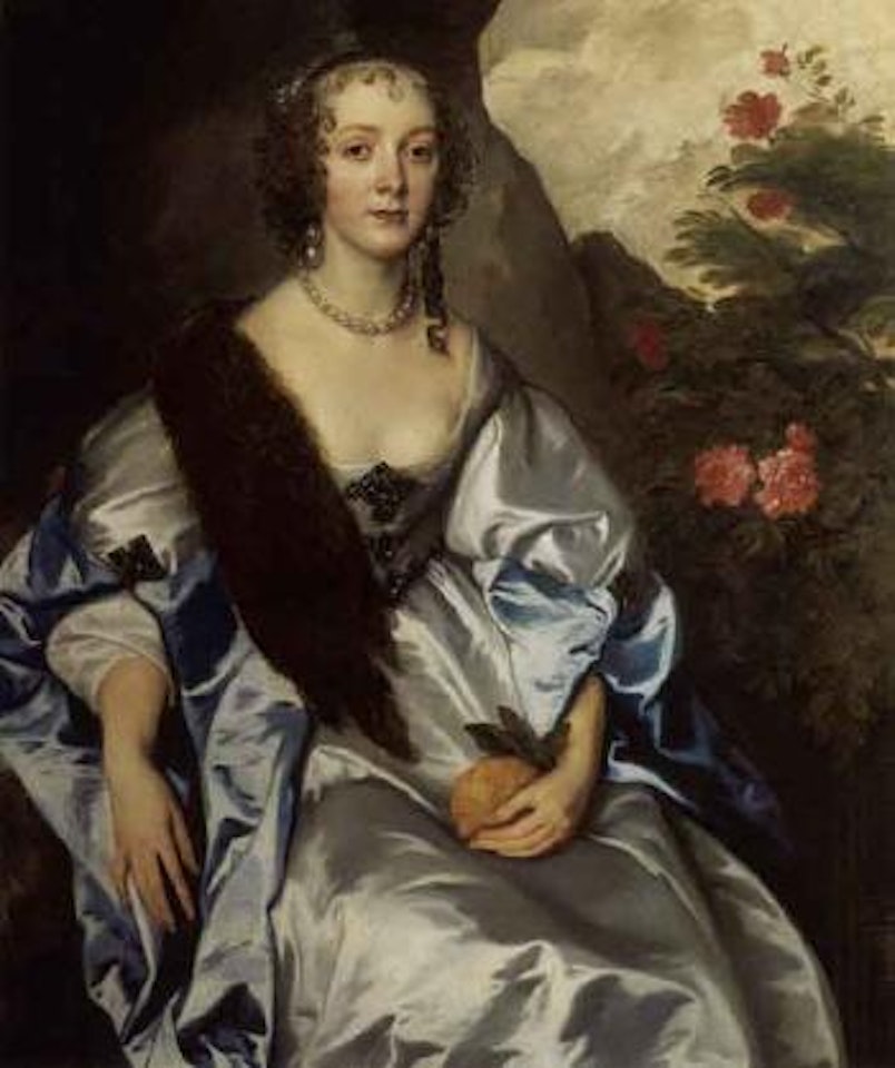 Portrait of Lady Dorothy Thimbleby wearing a satin dress with blue wrap, beside a rose bush by Anthony van Dyck