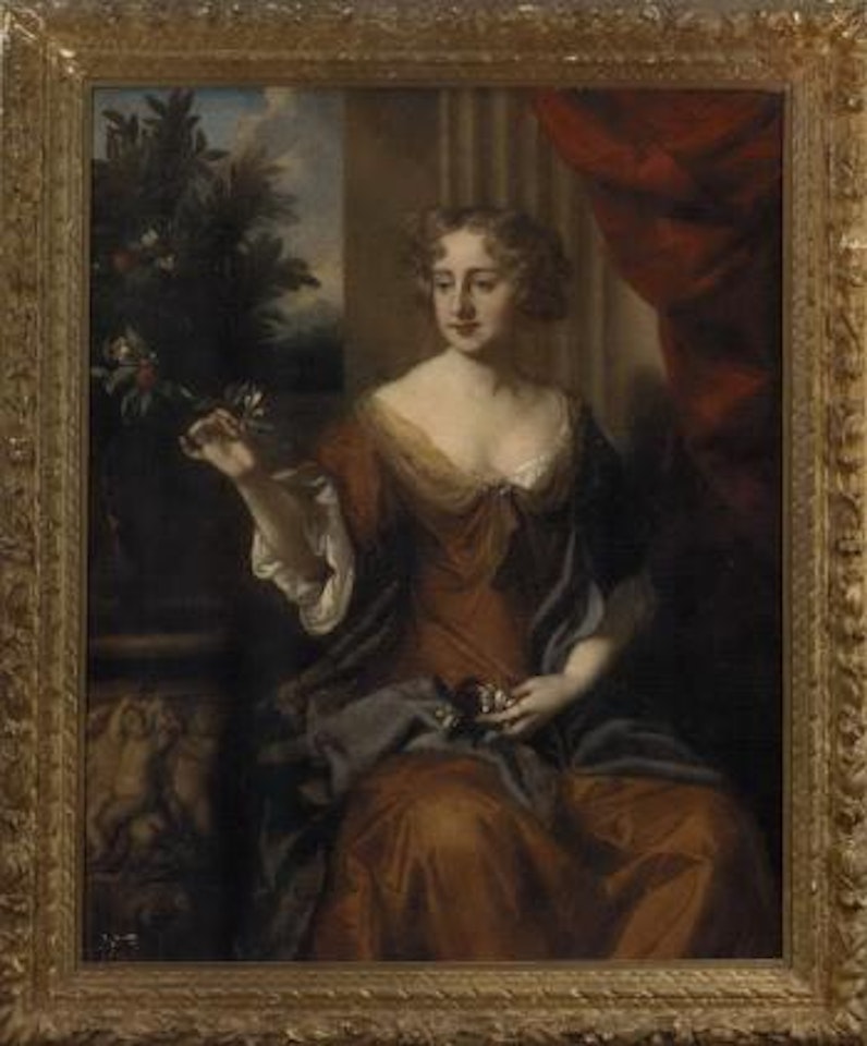 Portrait of Anne Ashe, seated wearing a gold dress landscape beyond by Sir Peter Lely