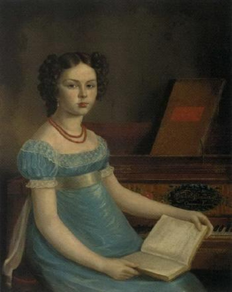 Portrait of a girl, seated in a blue dress, holding a music book, at the piano by English School