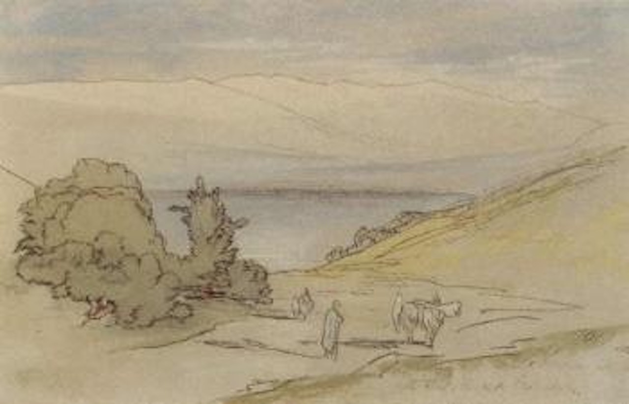 View of Lebanon, with a muleteer in the foreground and an extensive lake view beyond by Edward Lear