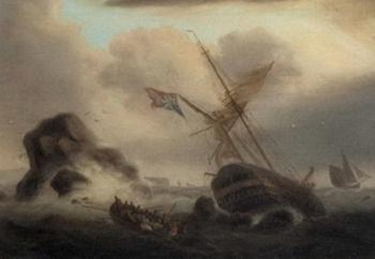 Ship foundering off a rocky coastline with survivors in a rowing boat by Thomas Luny