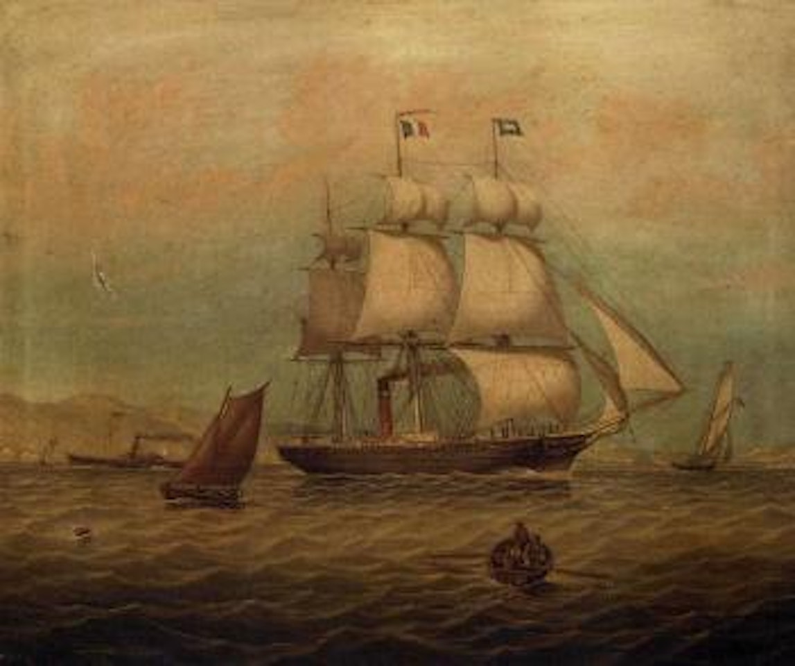 Auxiliary steamship under sail off the Irish coast, a paddle steamer nearby by English School