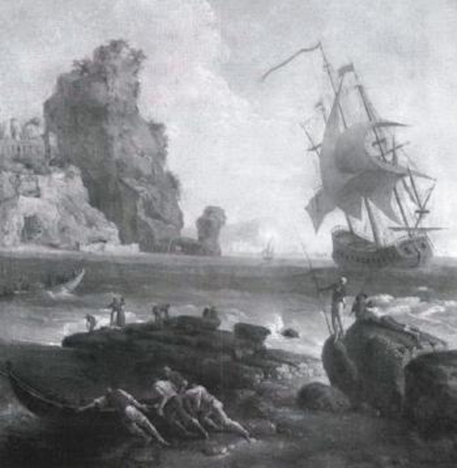 Rocky coastal scene with ship and sailors by Claude Joseph Vernet