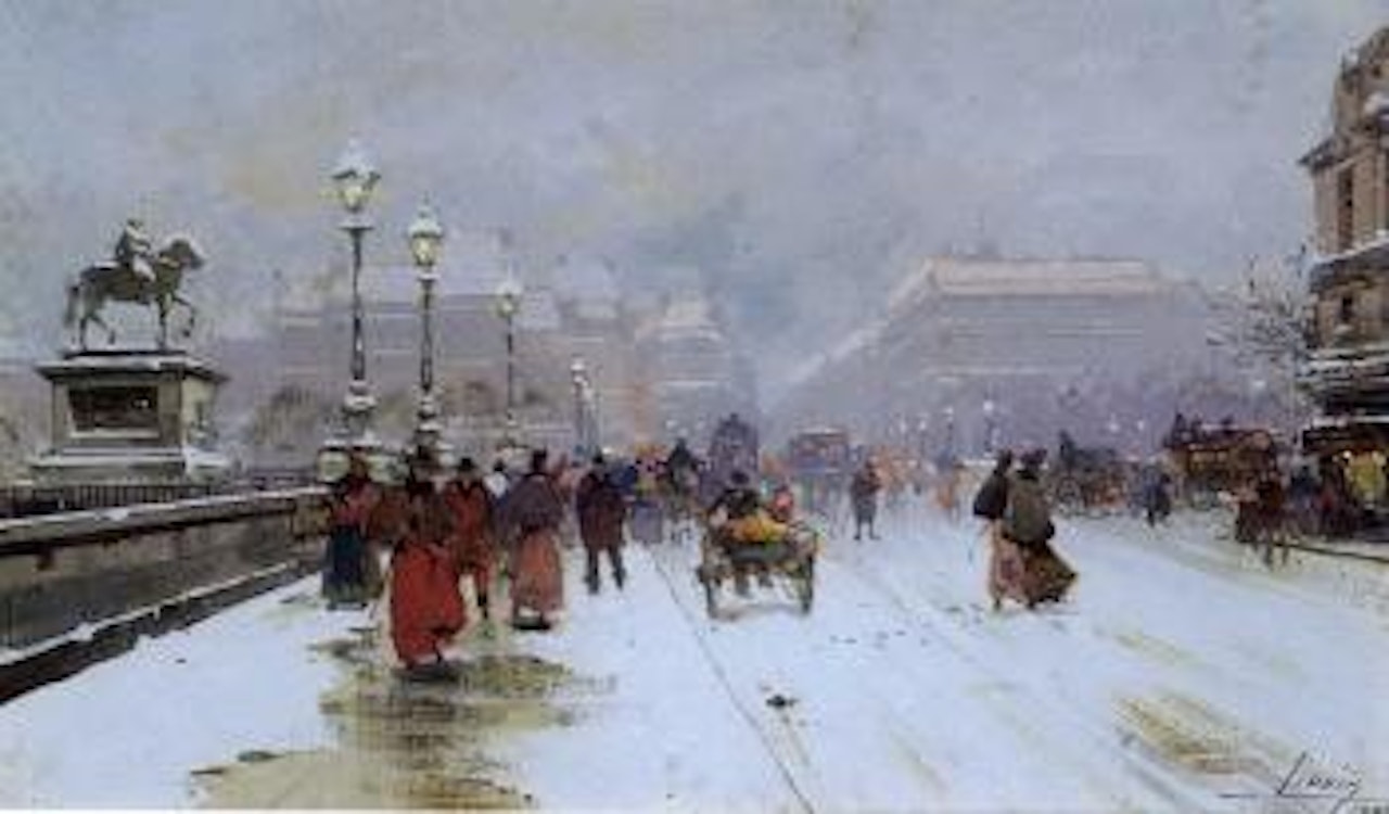 Le pont Henri IV sou la neige by Eugene Galien-Laloue