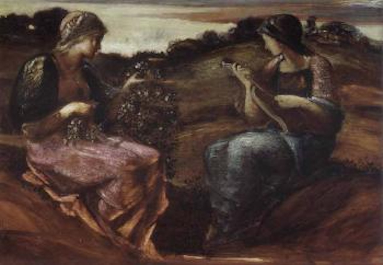 Two seated female figures in a landscape by Edward Coley Burne-Jones
