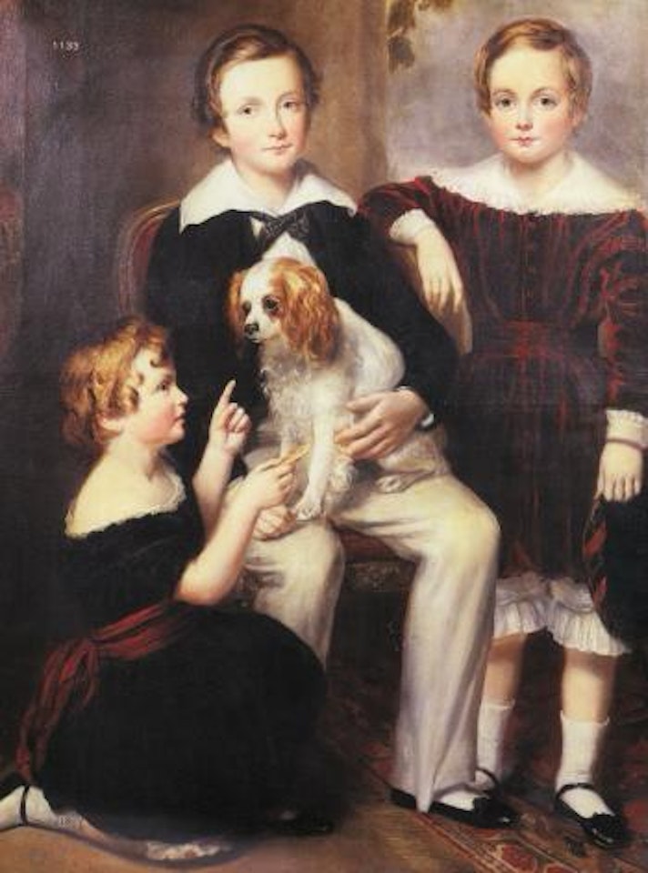 Portrait of three children and their King Charles spaniel by English School