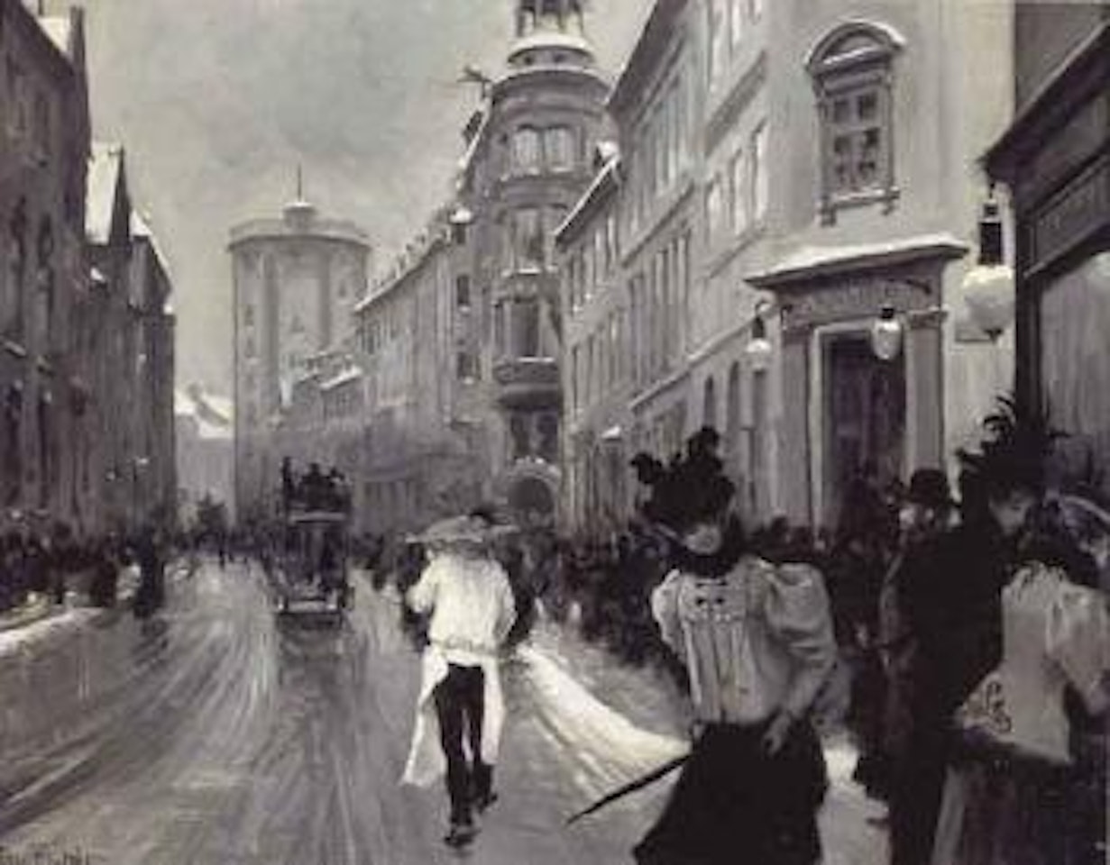 Street scene with figures, Kobmagergade by Paul Fischer