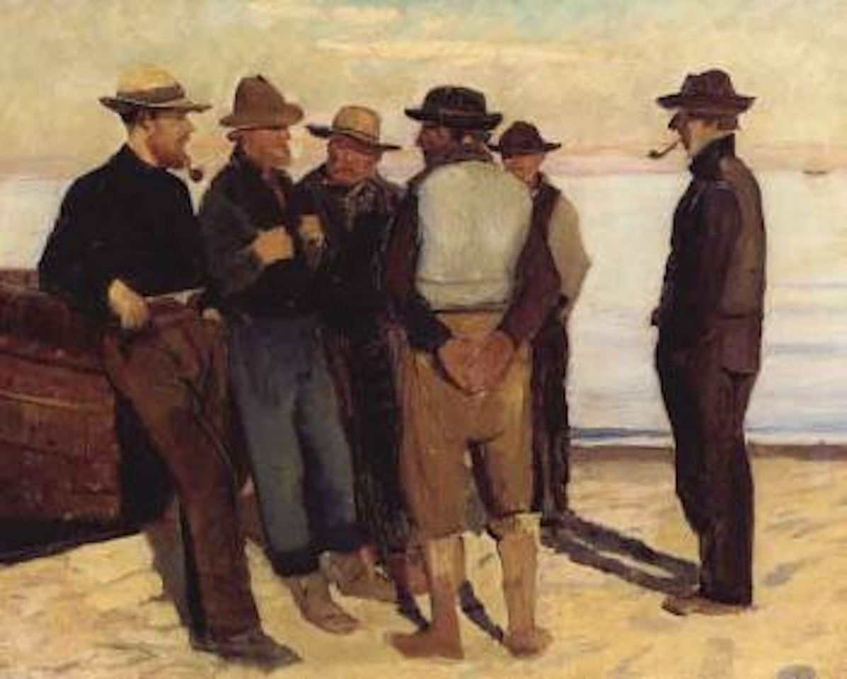 Fishermen on beach, quiet summer evening by Michael Ancher