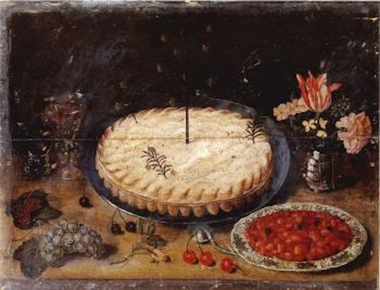 Still life of flowers and dish with strawberries and tart by Osias Beert