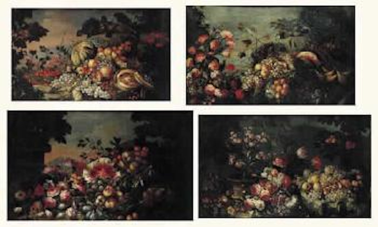 Still lives of fruit. Still lives of flowers in landscape by Marco Antonio Rizzi